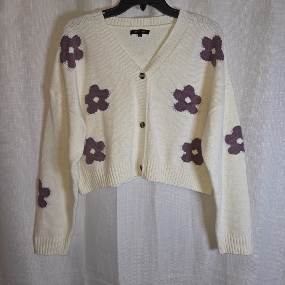 Love Tree Womens Purple Floral Print Ivory Button Up Cardigan Size L Acrylic - Picture 1 of 8